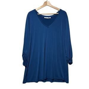 Susan Graver Liquid Knit V-Neck Tunic Top 3/4 Ruched Sleeves Blue Sz XL Stretch